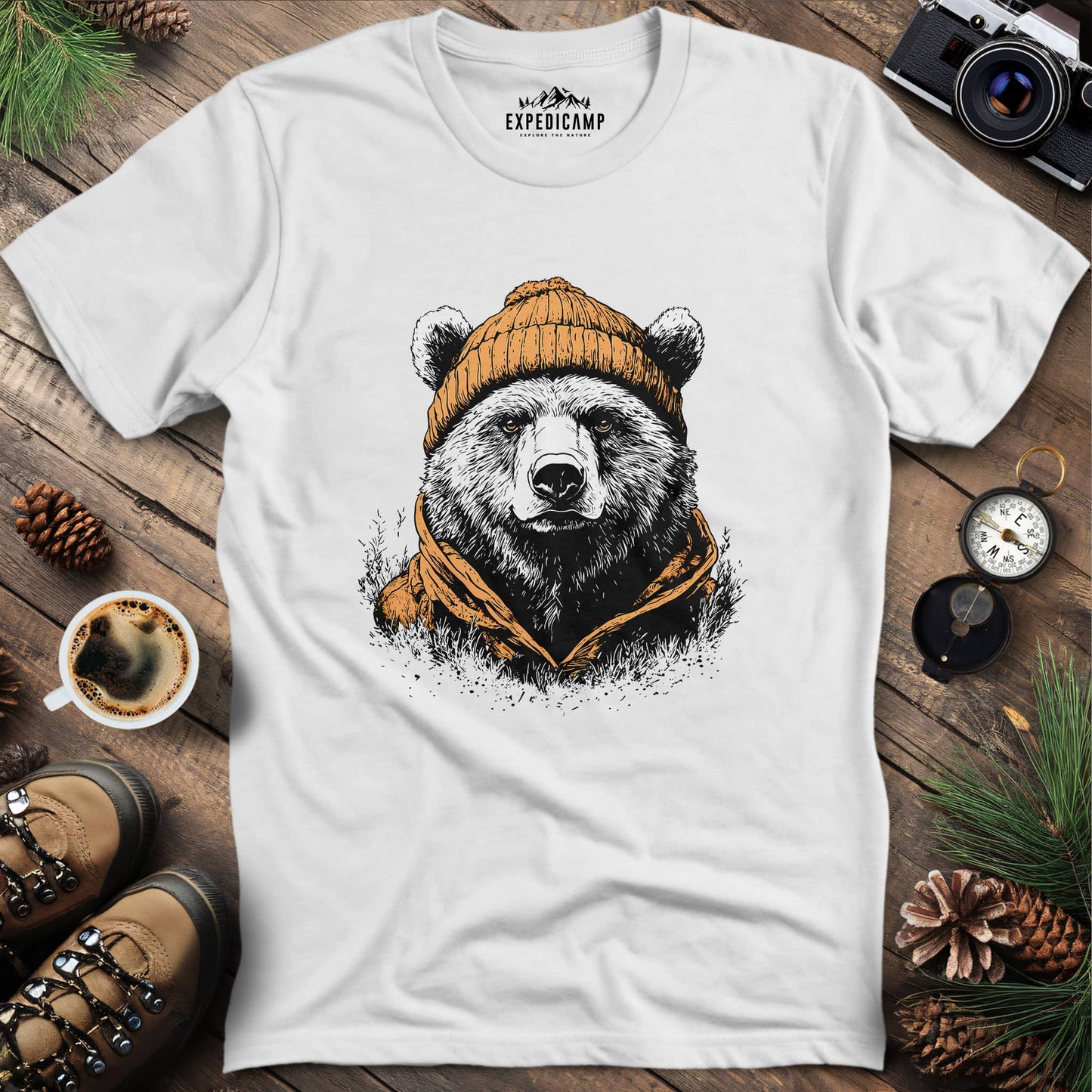 Winter Explorer Bear T-Shirt – White – Outdoor apparel for travel, hiking, camping, and nature lovers – ExpediCamp