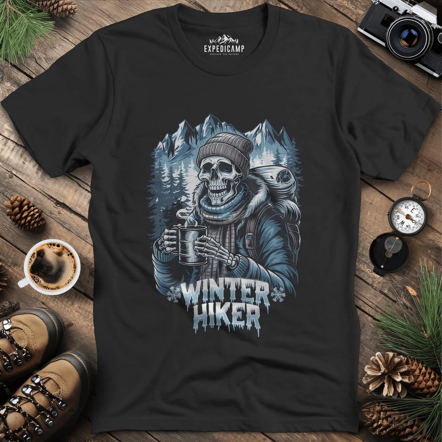 Winter Hiker T-Shirt – Black – Outdoor apparel for travel, hiking, camping, and nature lovers – ExpediCamp