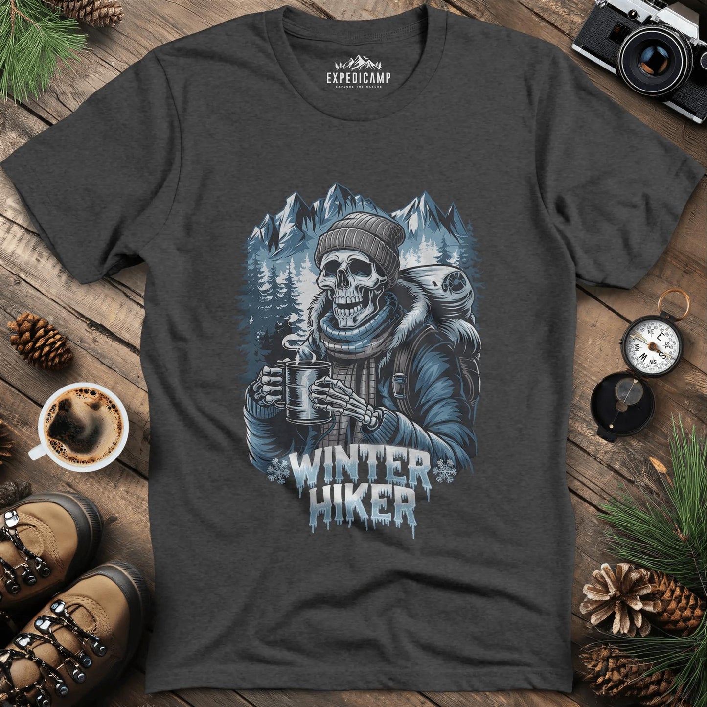 Winter Hiker T-Shirt – Dark Heather – Outdoor apparel for travel, hiking, camping, and nature lovers – ExpediCamp