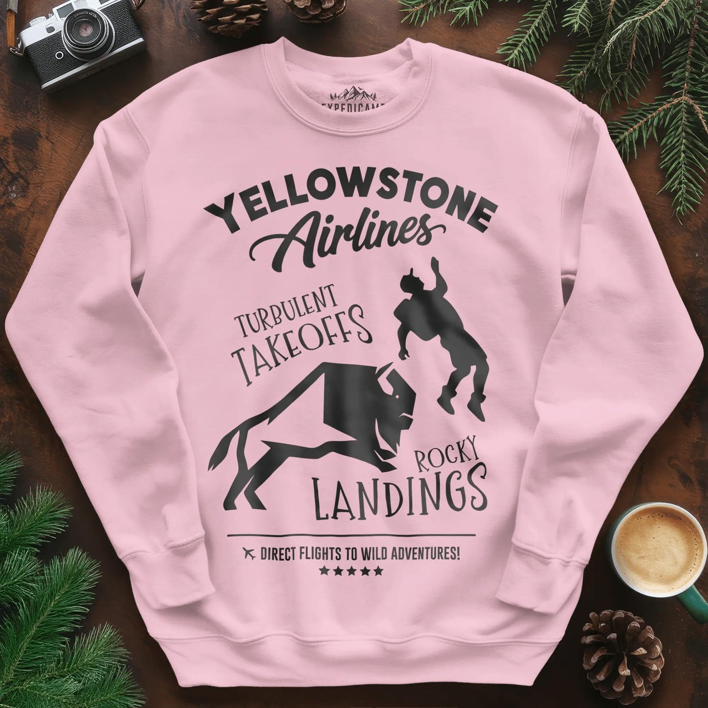 Yellowstone Airlines Sweatshirt - Turbulent Takeoffs & Rocky Landings – Light Pink – Outdoor apparel for travel, hiking, camping, and nature lovers – ExpediCamp