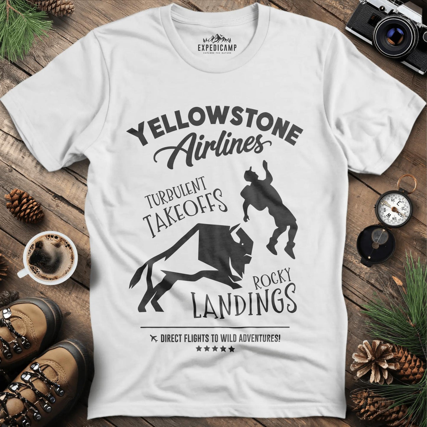 Yellowstone Airlines T-Shirt - Turbulent Takeoffs & Rocky Landings – White – Outdoor apparel for travel, hiking, camping, and nature lovers – ExpediCamp