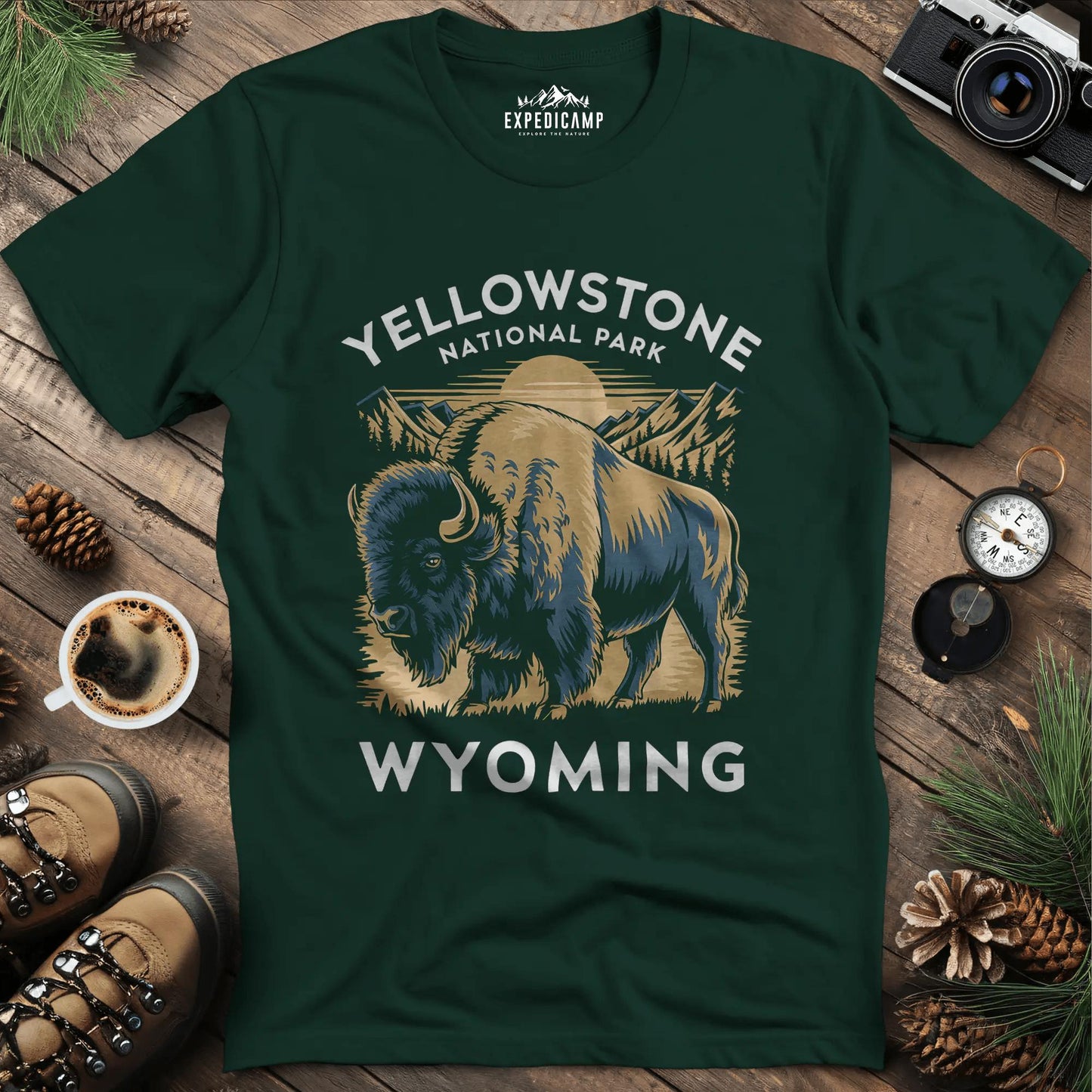 Yellowstone National Park Bison T-Shirt Wyoming – Forest Green – Outdoor apparel for travel, hiking, camping, and nature lovers – ExpediCamp