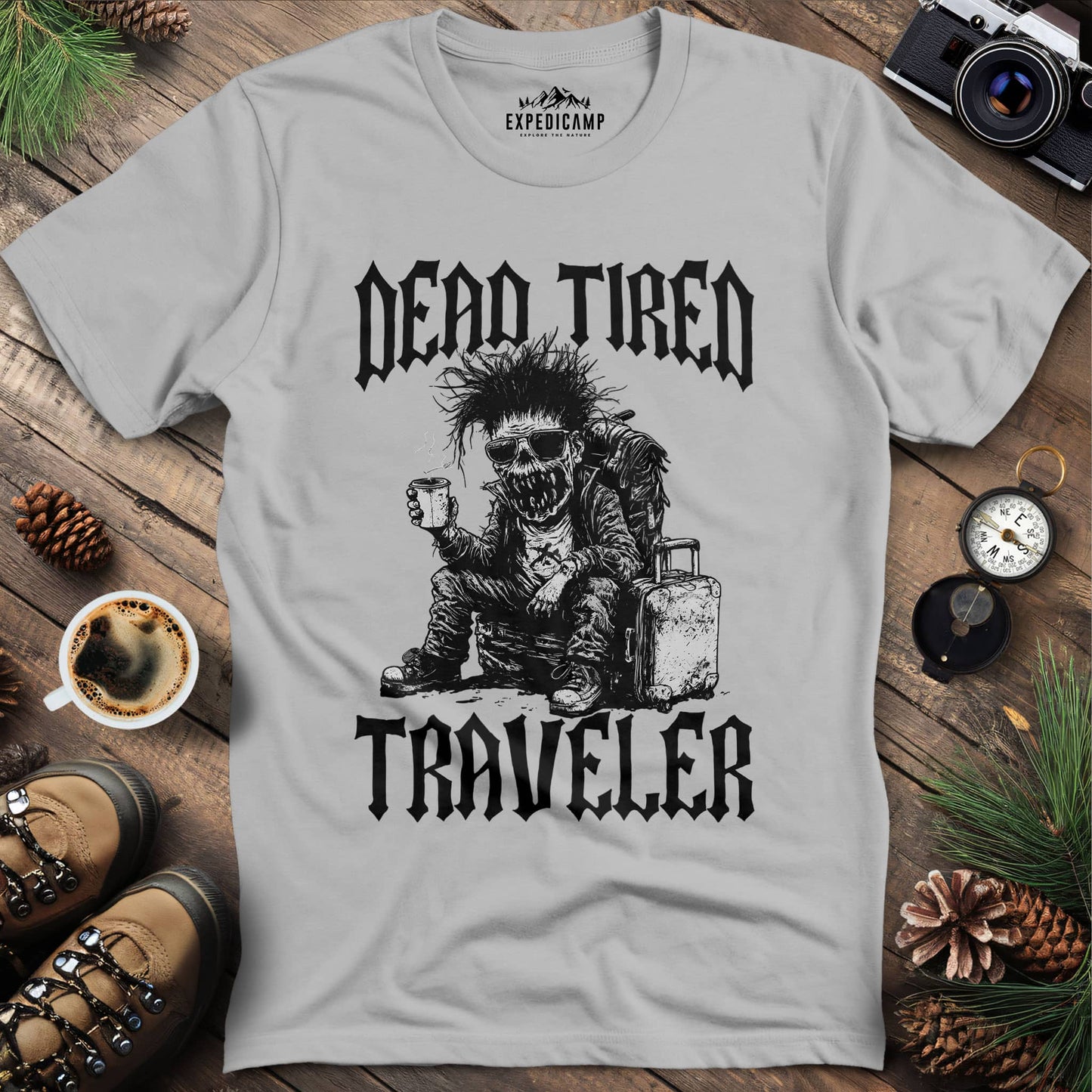 Zombie Traveler Coffee Lover T-Shirt – Ice Grey – Outdoor apparel for travel, hiking, camping, and nature lovers – ExpediCamp