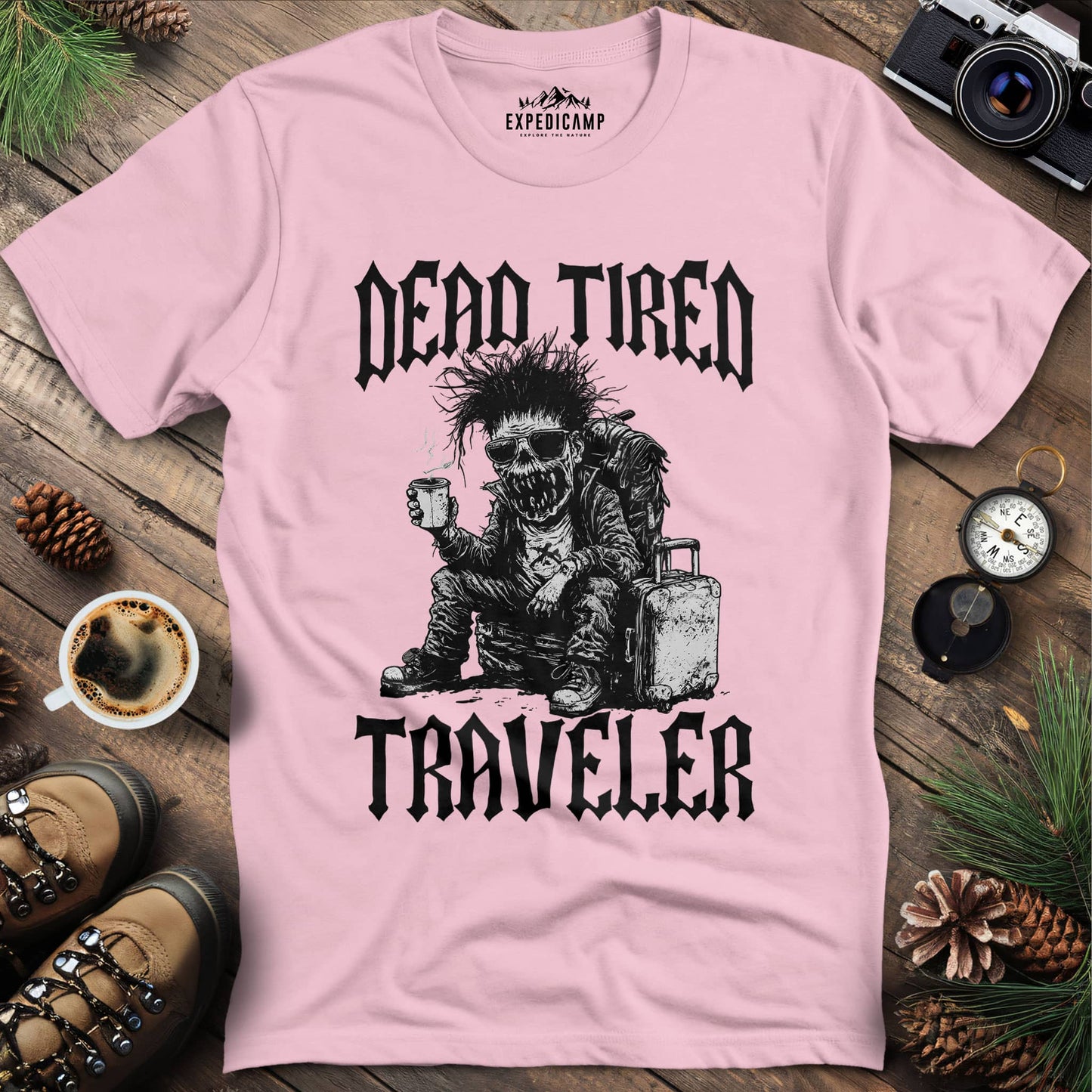 Zombie Traveler Coffee Lover T-Shirt – Light Pink – Outdoor apparel for travel, hiking, camping, and nature lovers – ExpediCamp