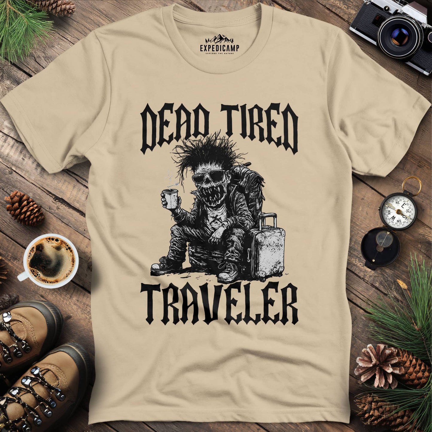 Zombie Traveler Coffee Lover T-Shirt – Sand – Outdoor apparel for travel, hiking, camping, and nature lovers – ExpediCamp