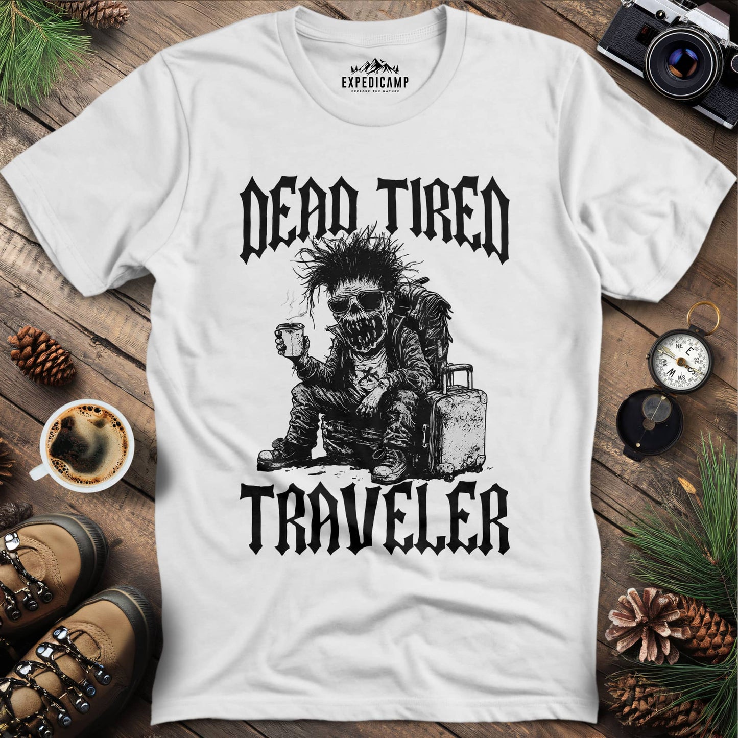 Zombie Traveler Coffee Lover T-Shirt – White – Outdoor apparel for travel, hiking, camping, and nature lovers – ExpediCamp