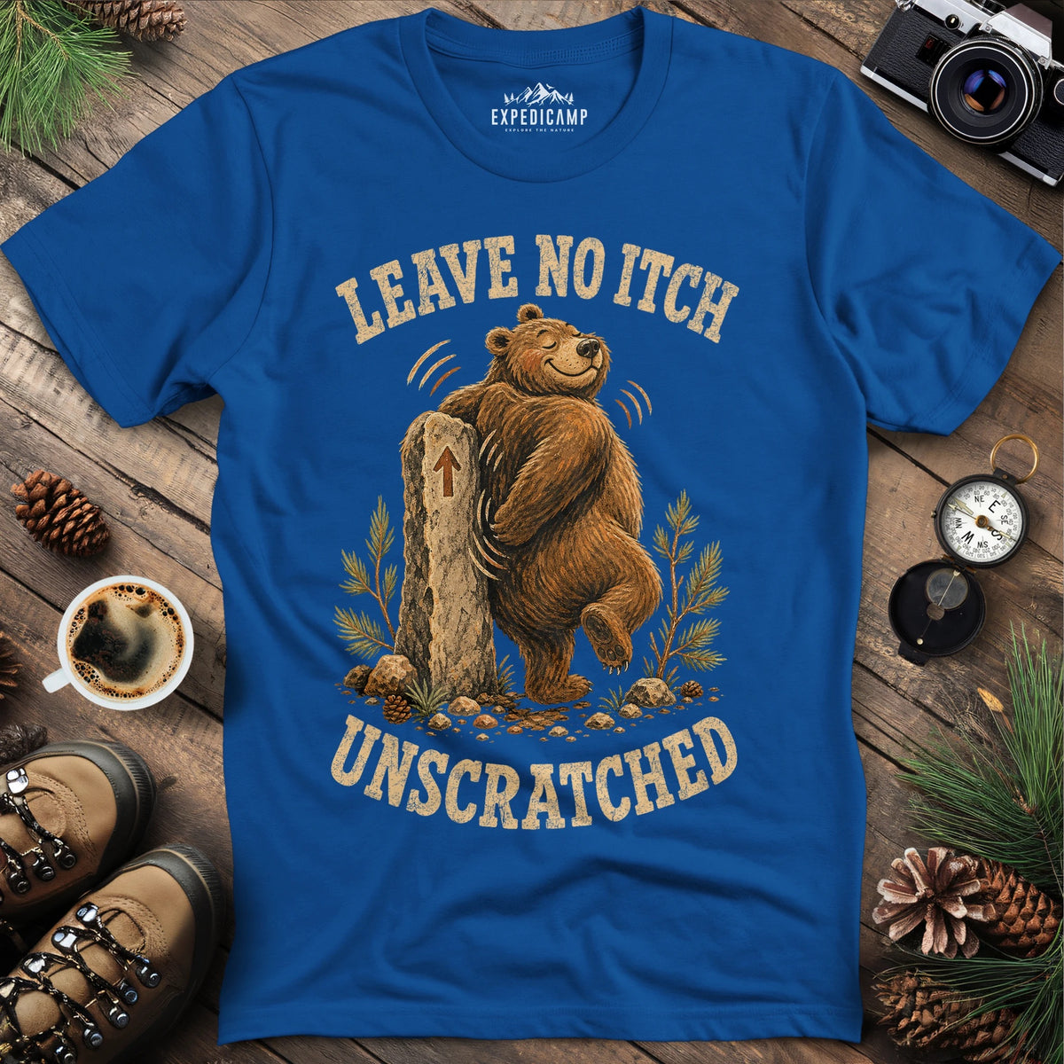 Never Trust a Downhill Hiker T-Shirt – Royal – Outdoor apparel for travel, hiking, camping, and nature lovers – ExpediCamp