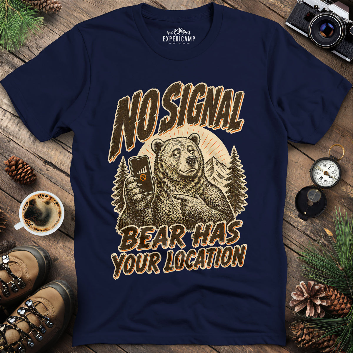 Bear Has Your Location Funny National Park T-Shirt – Navy – Outdoor apparel for travel, hiking, camping, and nature lovers – ExpediCamp