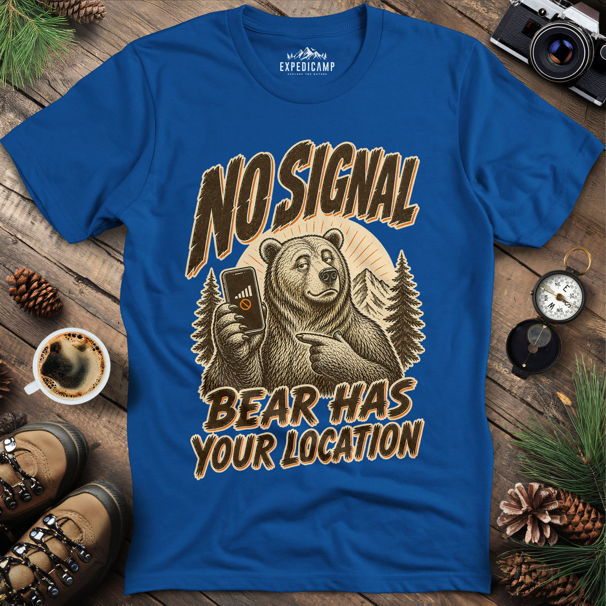 Bear Has Your Location Funny National Park T-Shirt – Royal – Outdoor apparel for travel, hiking, camping, and nature lovers – ExpediCamp