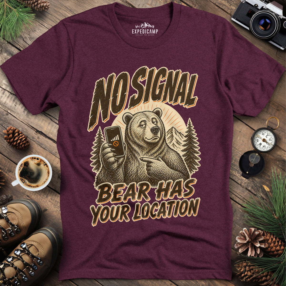 Bear Has Your Location Funny National Park T-Shirt – Heather Maroon – Outdoor apparel for travel, hiking, camping, and nature lovers – ExpediCamp