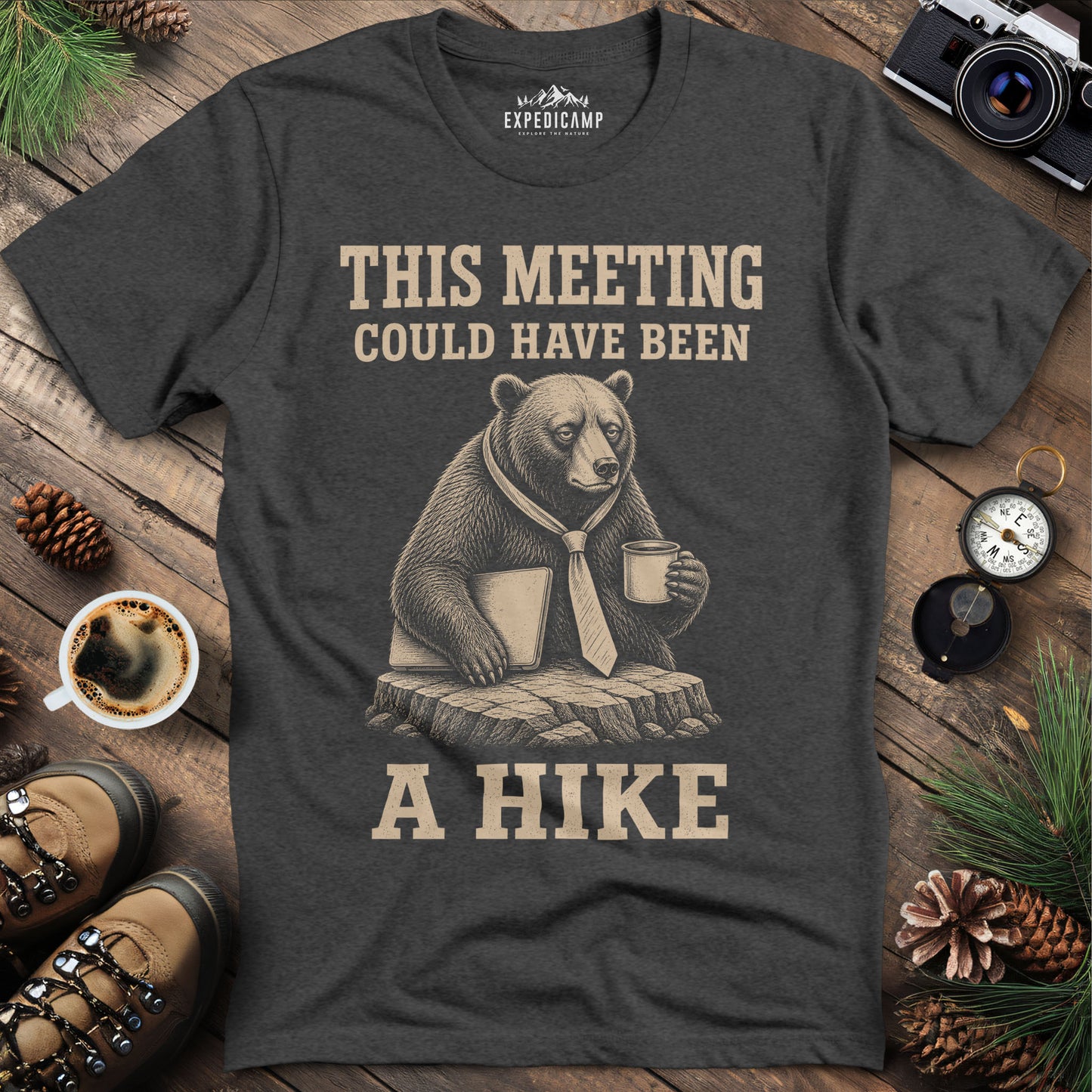This Meeting Could Have Been a Hike T-Shirt – Dark Heather – Outdoor apparel for travel, hiking, camping, and nature lovers – ExpediCamp