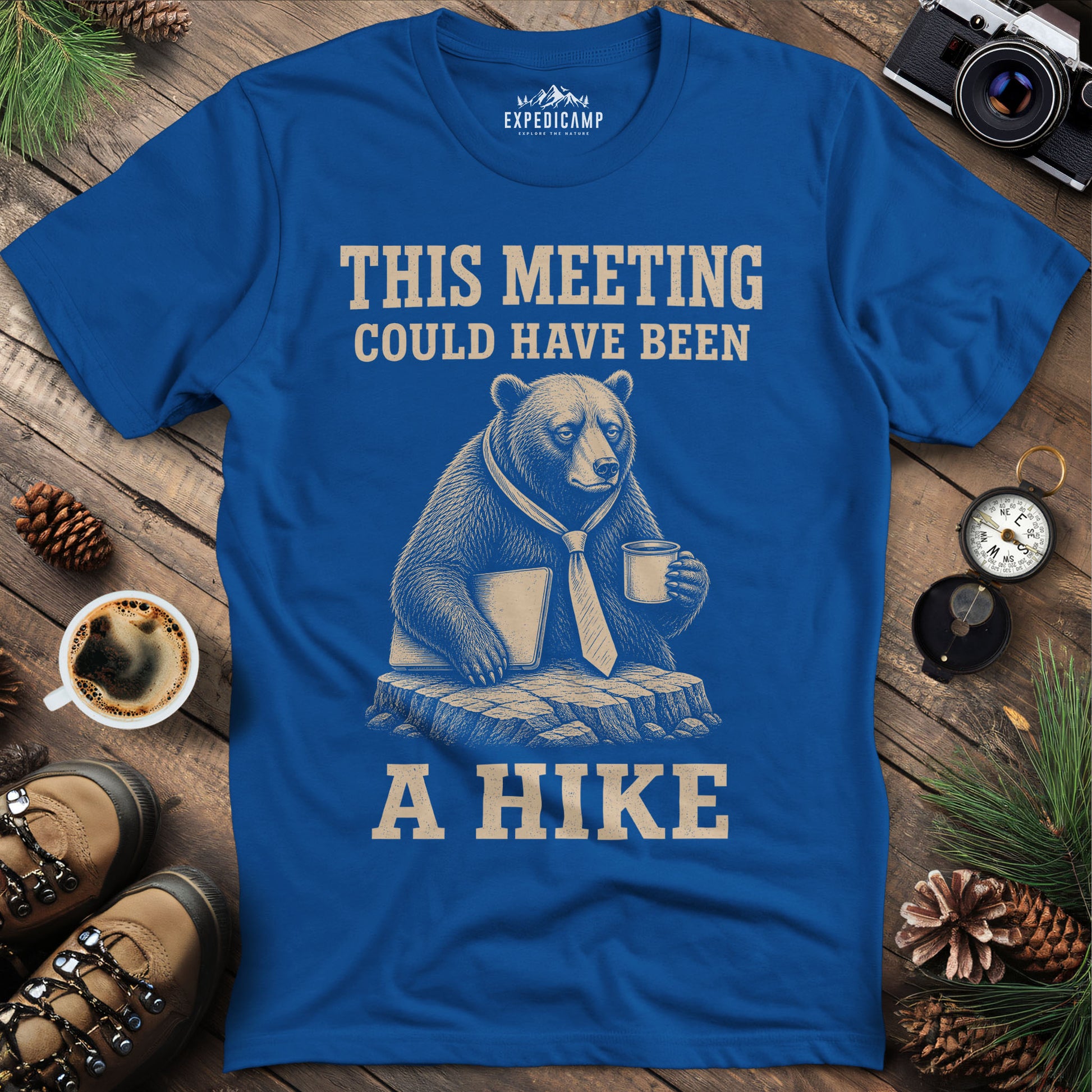 This Meeting Could Have Been a Hike T-Shirt – Royal – Outdoor apparel for travel, hiking, camping, and nature lovers – ExpediCamp