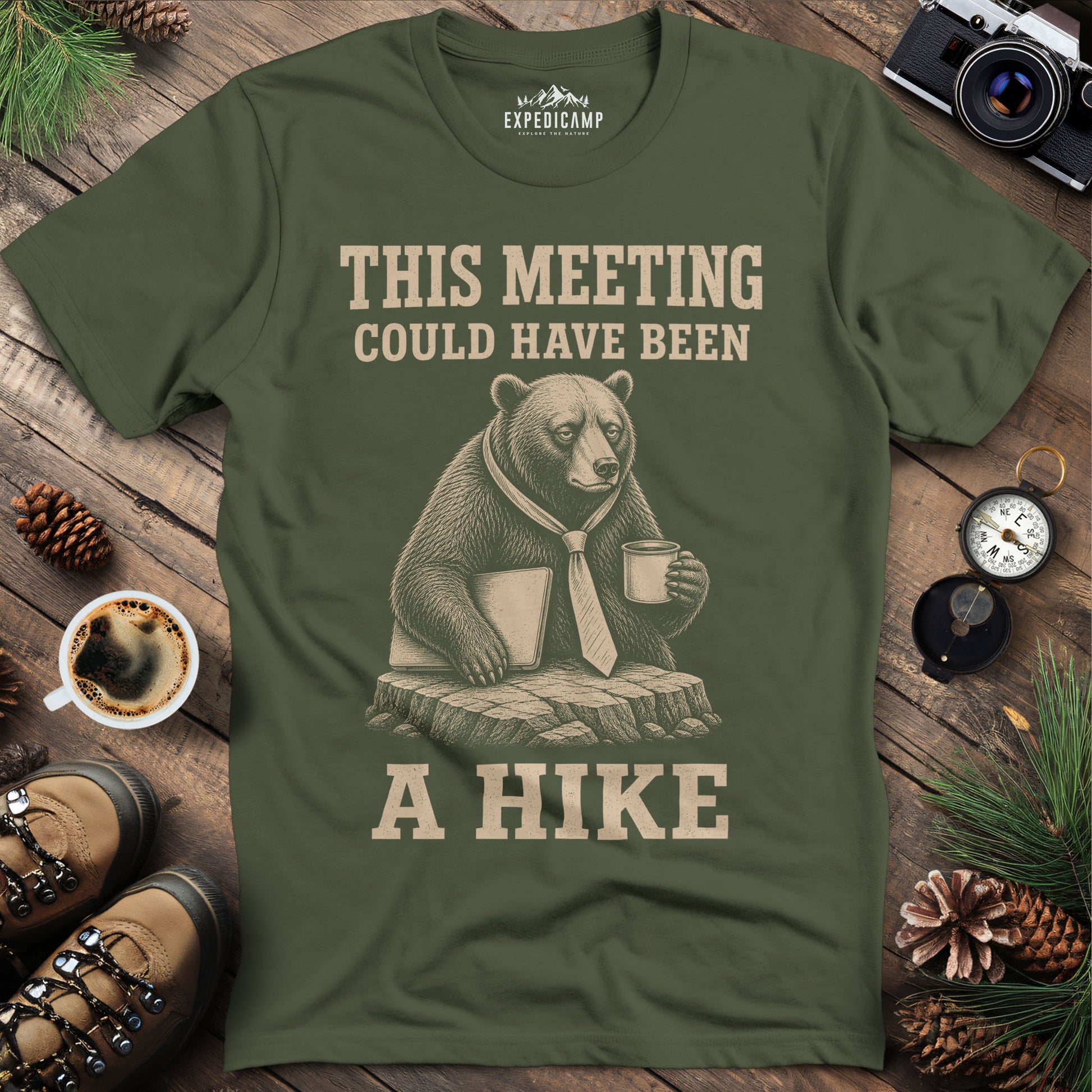 This Meeting Could Have Been a Hike T-Shirt – Military Green – Outdoor apparel for travel, hiking, camping, and nature lovers – ExpediCamp
