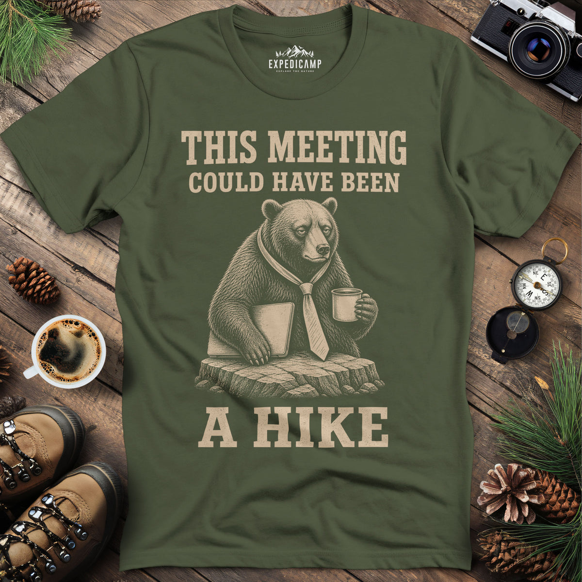 This Meeting Could Have Been a Hike T-Shirt – Military Green – Outdoor apparel for travel, hiking, camping, and nature lovers – ExpediCamp