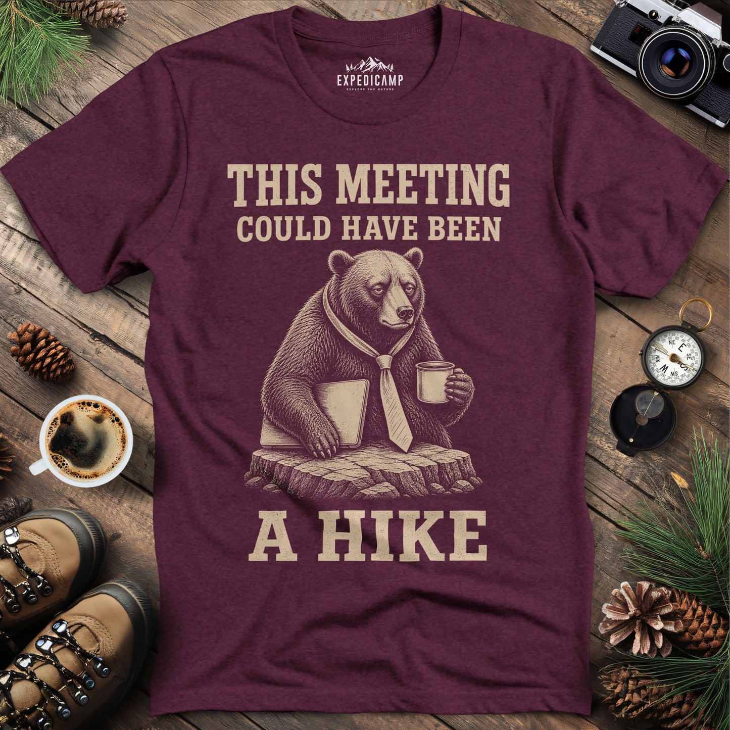 This Meeting Could Have Been a Hike T-Shirt – Heather Maroon – Outdoor apparel for travel, hiking, camping, and nature lovers – ExpediCamp