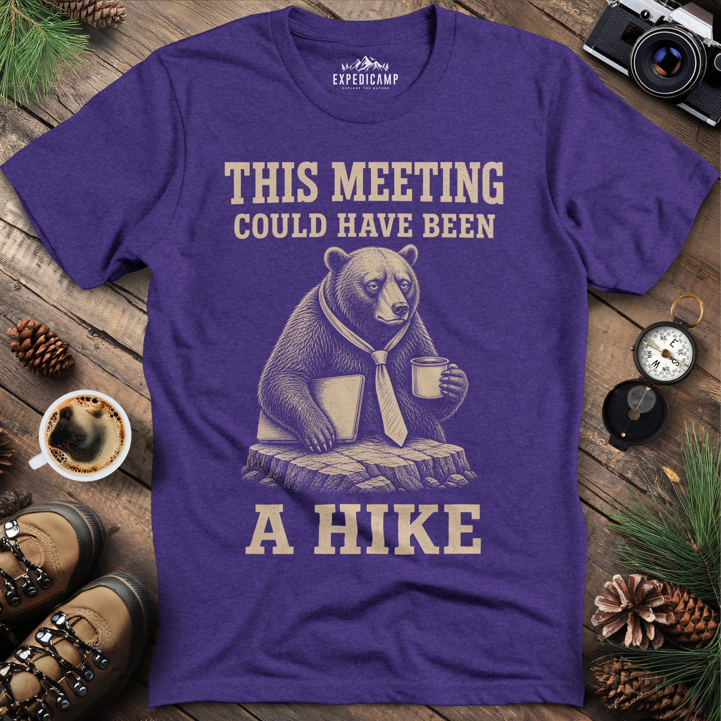 This Meeting Could Have Been a Hike T-Shirt – Heather Purple – Outdoor apparel for travel, hiking, camping, and nature lovers – ExpediCamp