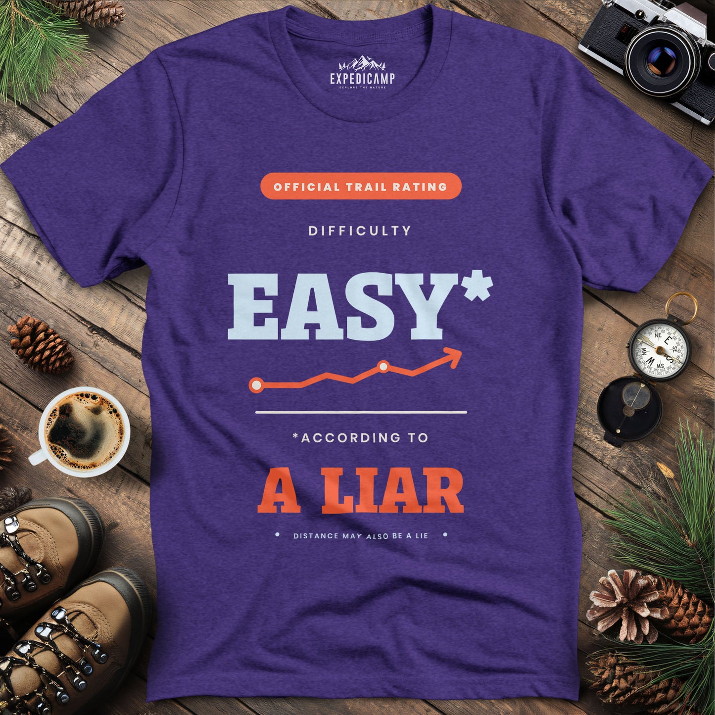 Trail Rated Easy According to a Liar T-Shirt – Heather Purple – Outdoor apparel for travel, hiking, camping, and nature lovers – ExpediCamp