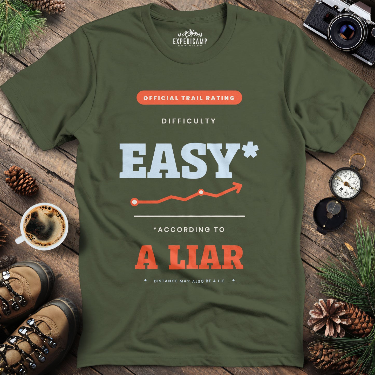 Trail Rated Easy According to a Liar T-Shirt – Military Green – Outdoor apparel for travel, hiking, camping, and nature lovers – ExpediCamp