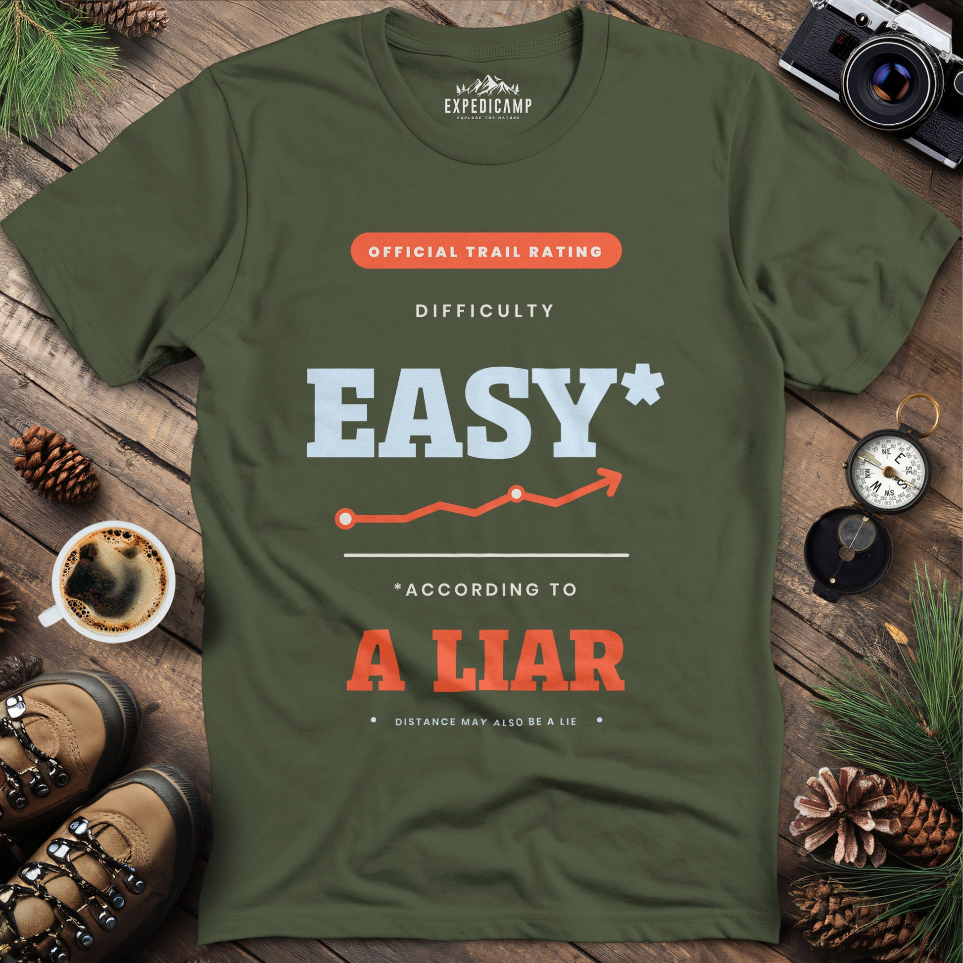 Trail Rated Easy According to a Liar T-Shirt – Military Green – Outdoor apparel for travel, hiking, camping, and nature lovers – ExpediCamp