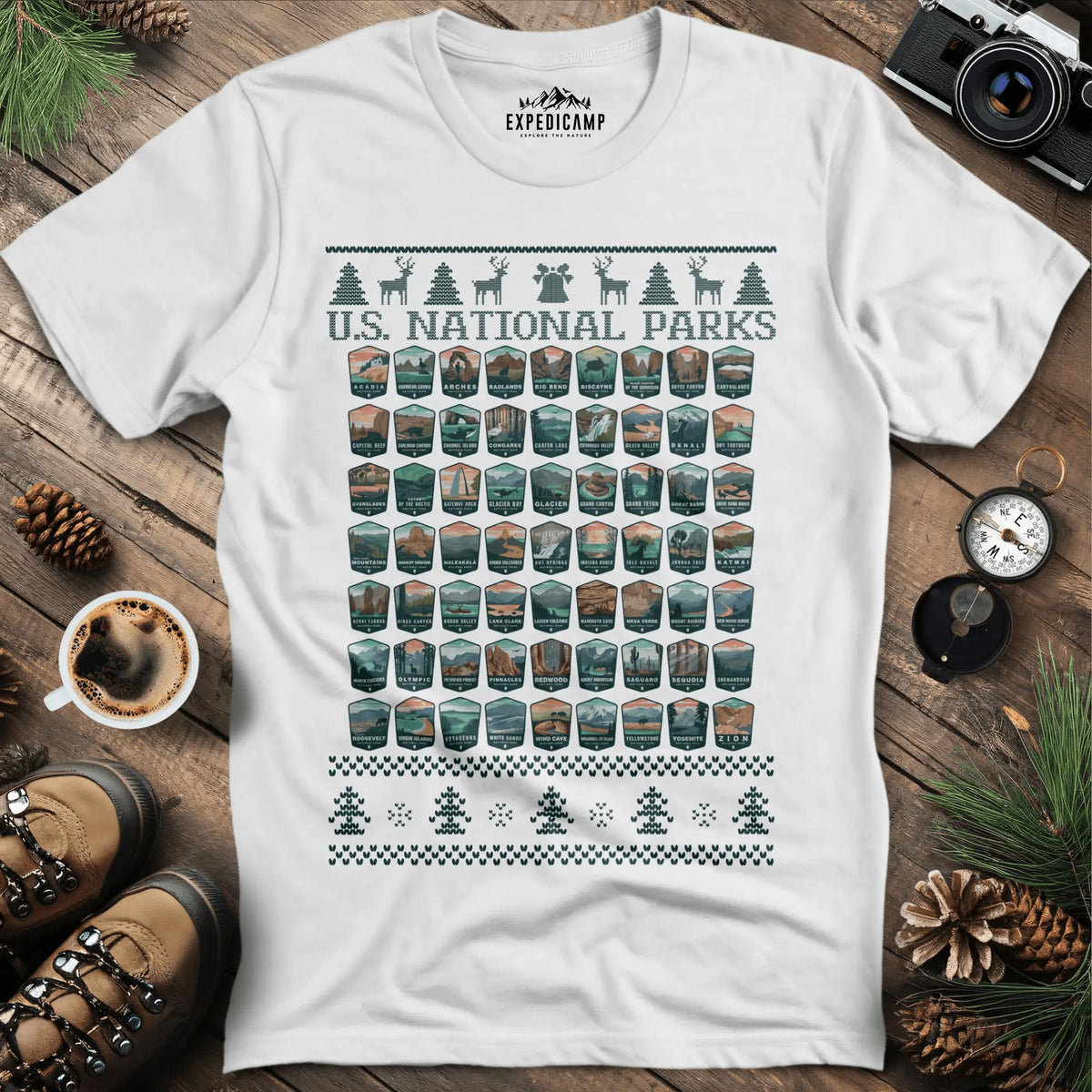 63 National Parks Christmas Ugly Sweater T-Shirt – – Outdoor apparel for travel, hiking, camping, and nature lovers – ExpediCamp