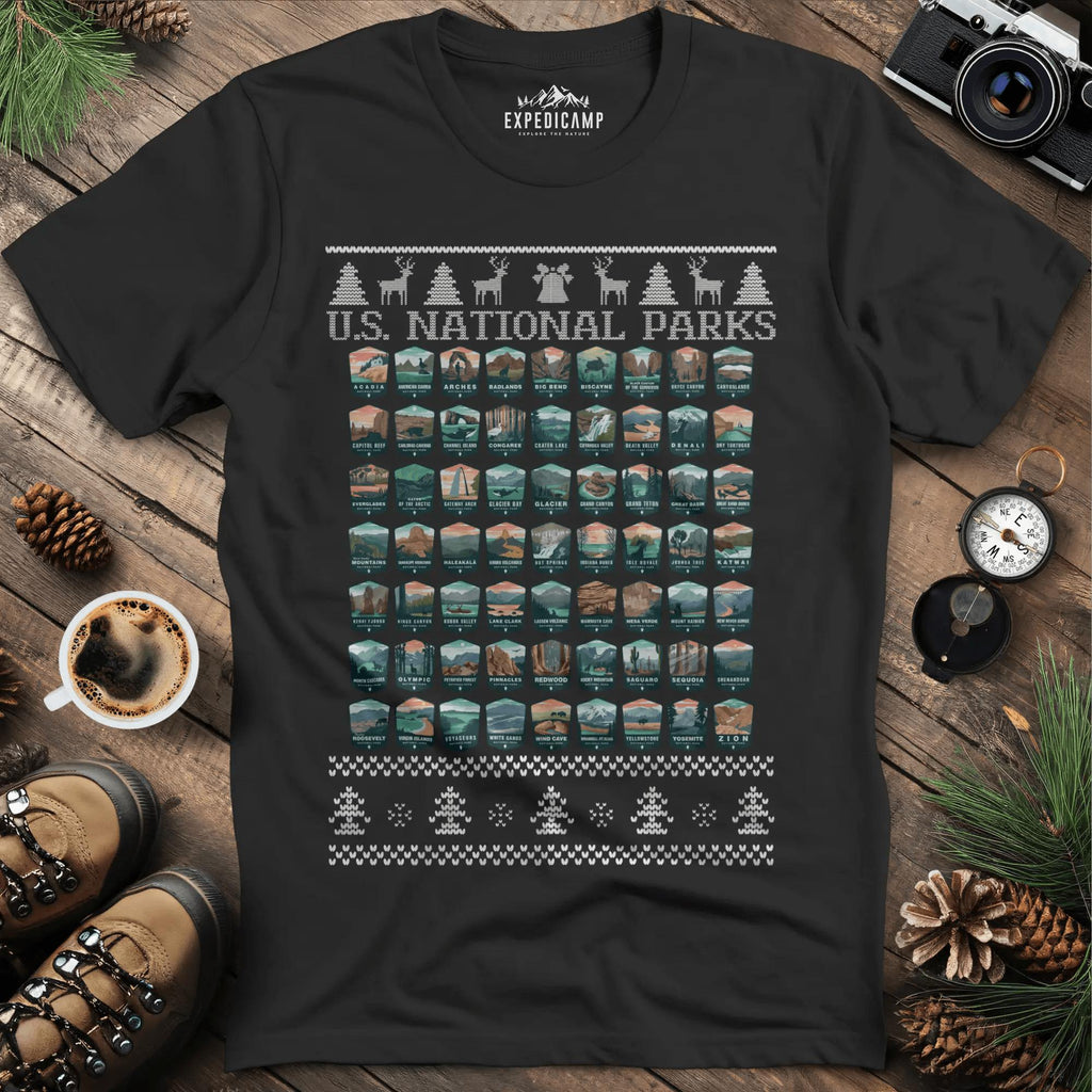 63 National Parks Christmas Ugly Sweater T-Shirt – Black – Outdoor apparel for travel, hiking, camping, and nature lovers – ExpediCamp