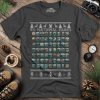 63 National Parks Christmas Ugly Sweater T-Shirt – Dark Heather – Outdoor apparel for travel, hiking, camping, and nature lovers – ExpediCamp