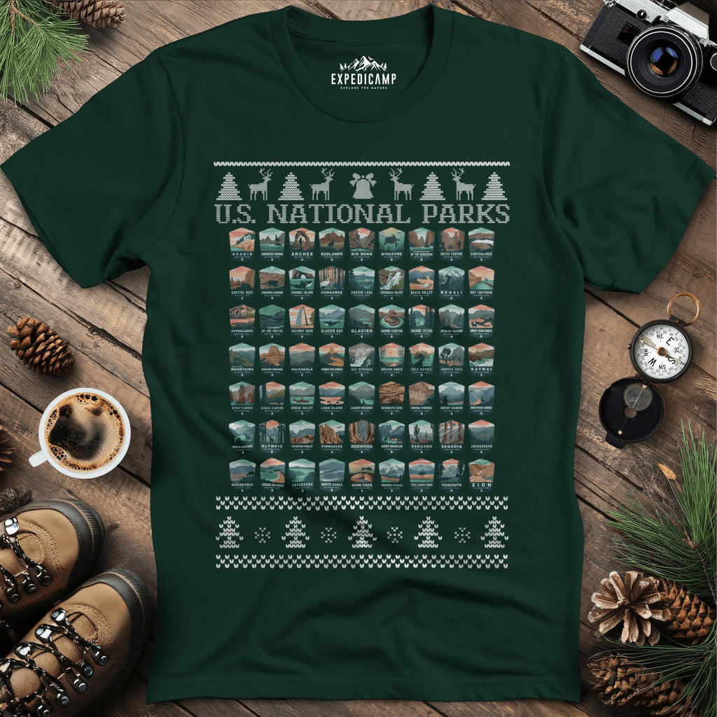 63 National Parks Christmas Ugly Sweater T-Shirt – Forest Green – Outdoor apparel for travel, hiking, camping, and nature lovers – ExpediCamp