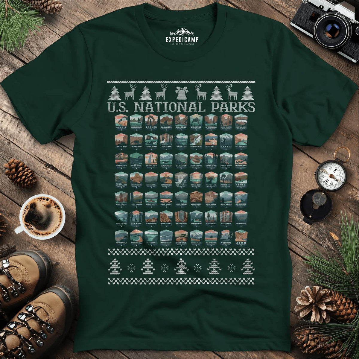 63 National Parks Christmas Ugly Sweater T-Shirt – Forest Green – Outdoor apparel for travel, hiking, camping, and nature lovers – ExpediCamp