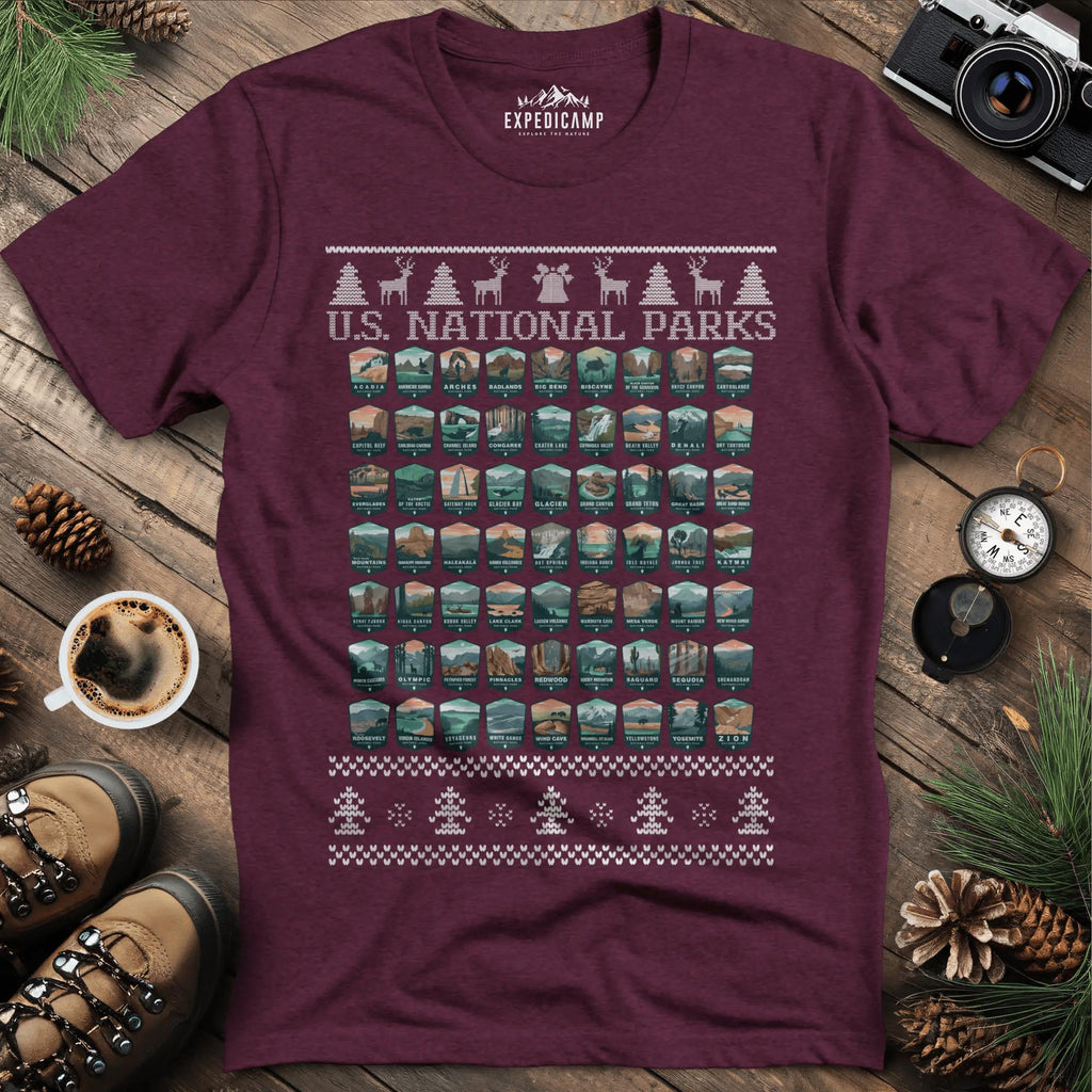 63 National Parks Christmas Ugly Sweater T-Shirt – Heather Maroon – Outdoor apparel for travel, hiking, camping, and nature lovers – ExpediCamp