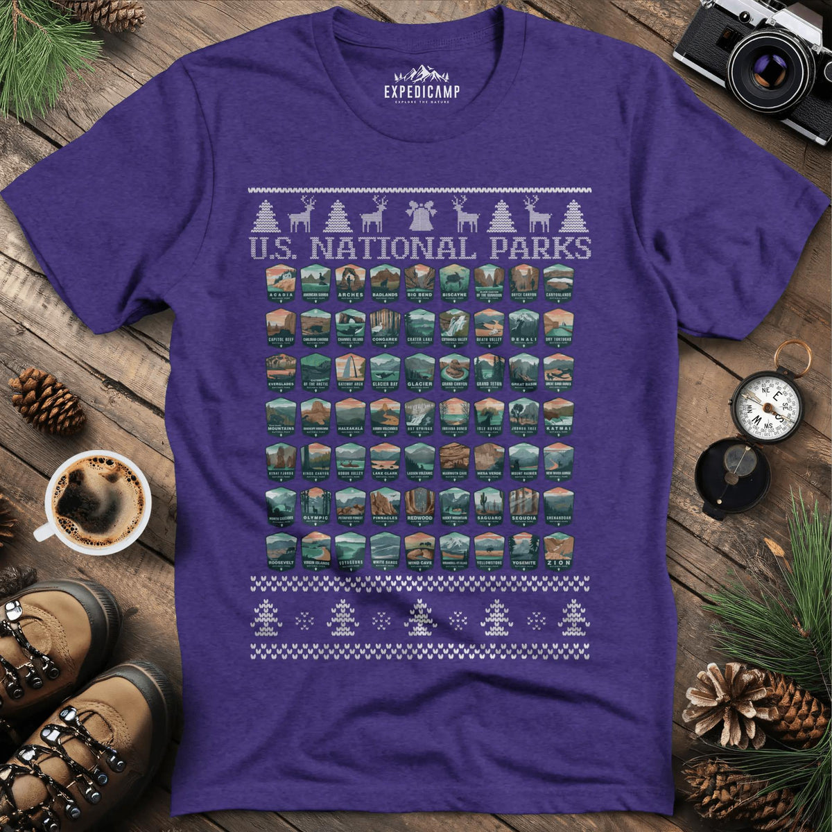 63 National Parks Christmas Ugly Sweater T-Shirt – Heather Purple – Outdoor apparel for travel, hiking, camping, and nature lovers – ExpediCamp