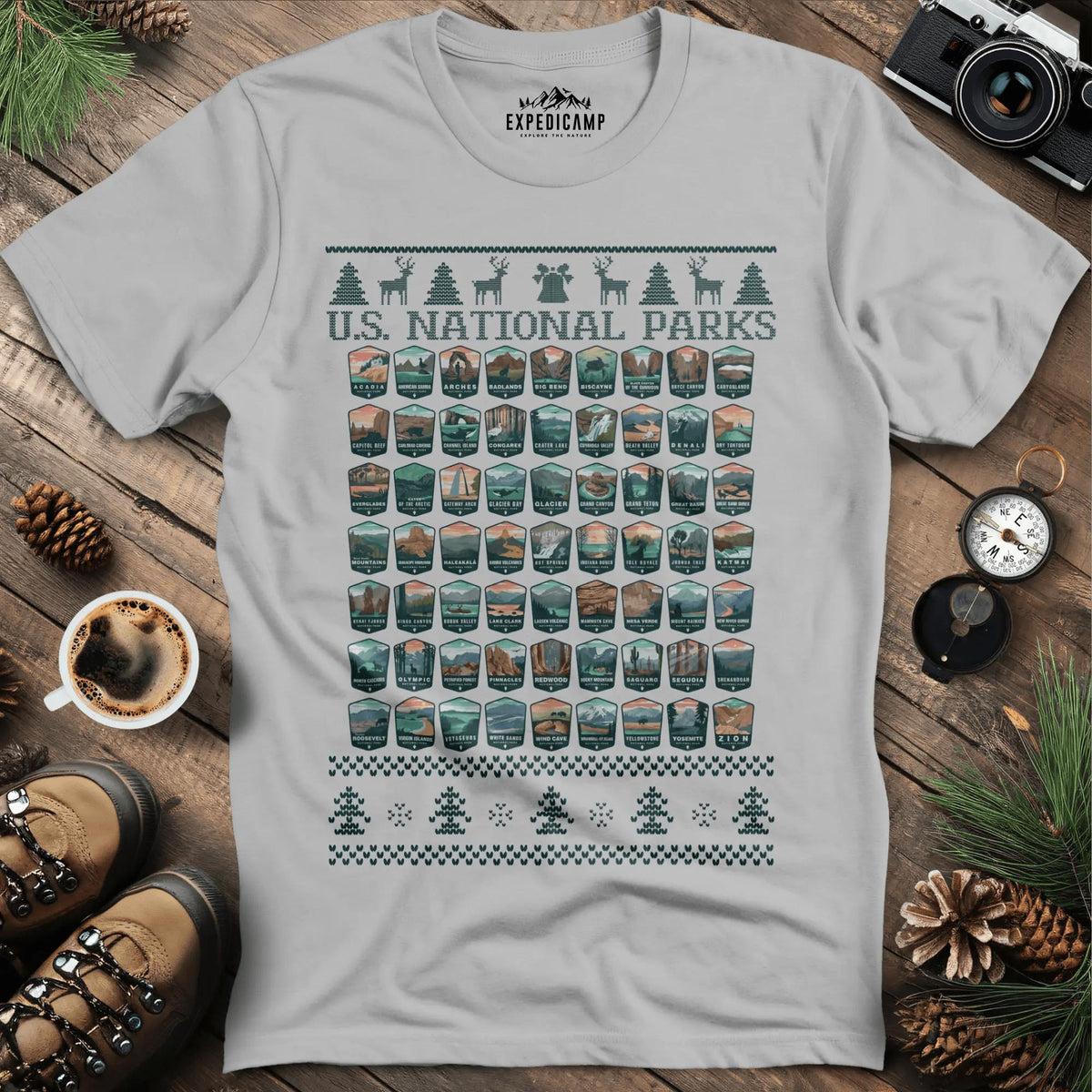 63 National Parks Christmas Ugly Sweater T-Shirt – Ice Grey – Outdoor apparel for travel, hiking, camping, and nature lovers – ExpediCamp