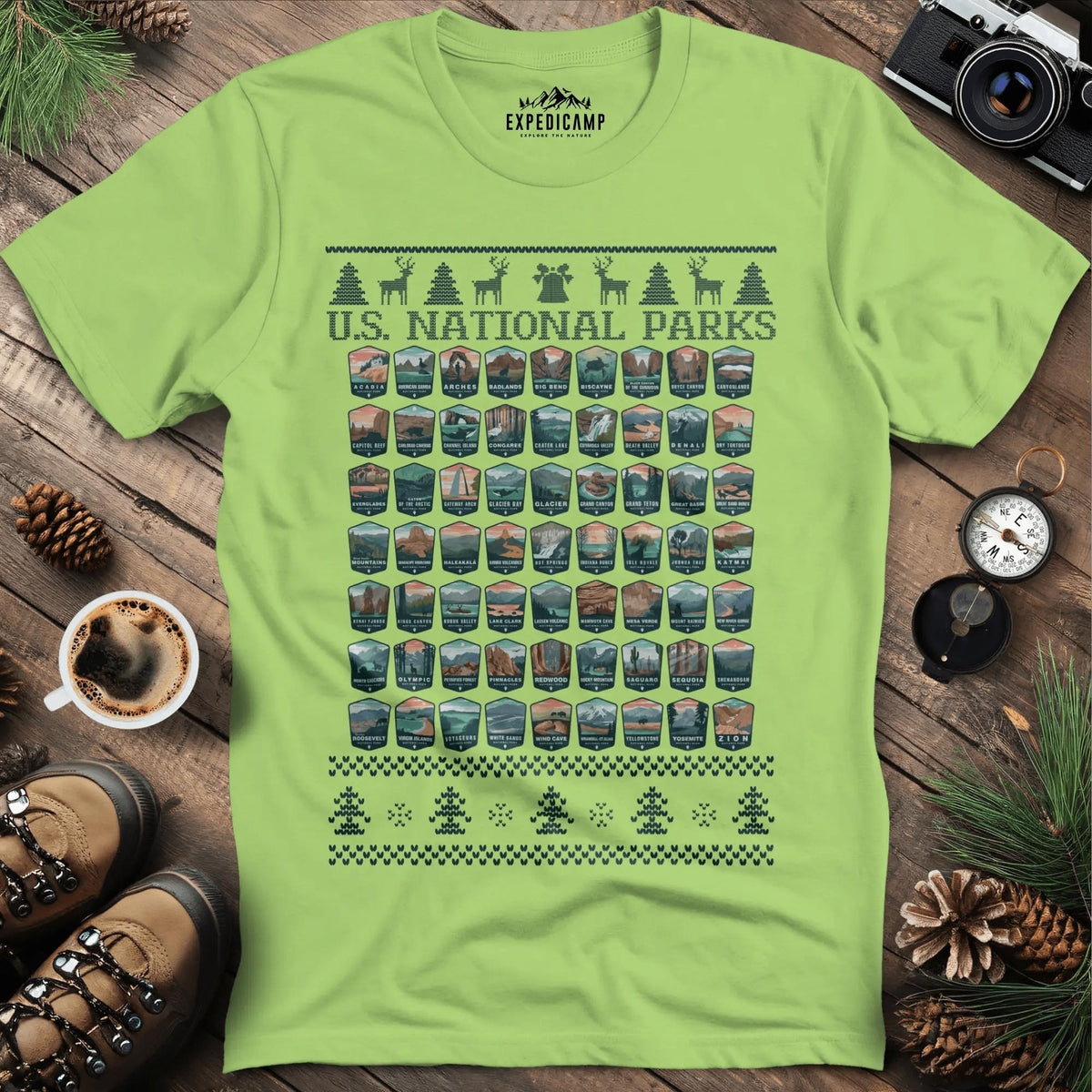 63 National Parks Christmas Ugly Sweater T-Shirt – Kiwi – Outdoor apparel for travel, hiking, camping, and nature lovers – ExpediCamp