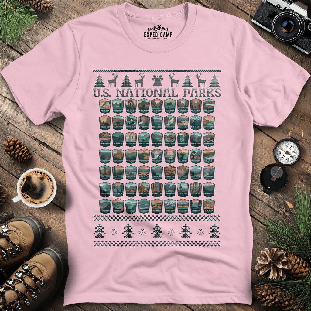 63 National Parks Christmas Ugly Sweater T-Shirt – Light Pink – Outdoor apparel for travel, hiking, camping, and nature lovers – ExpediCamp