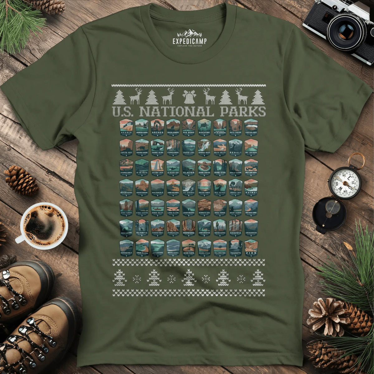63 National Parks Christmas Ugly Sweater T-Shirt – Military Green – Outdoor apparel for travel, hiking, camping, and nature lovers – ExpediCamp