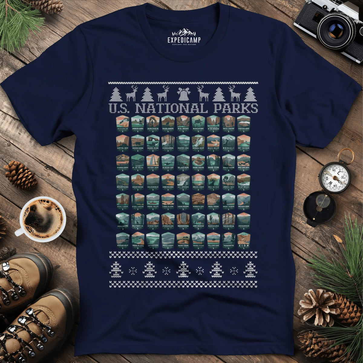 63 National Parks Christmas Ugly Sweater T-Shirt – Navy – Outdoor apparel for travel, hiking, camping, and nature lovers – ExpediCamp