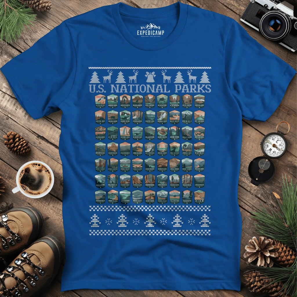 63 National Parks Christmas Ugly Sweater T-Shirt – Royal – Outdoor apparel for travel, hiking, camping, and nature lovers – ExpediCamp