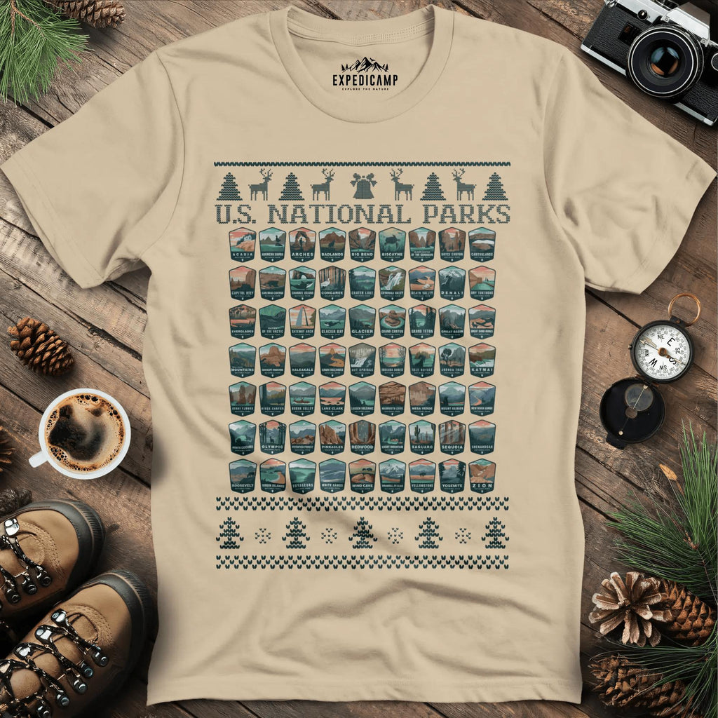 63 National Parks Christmas Ugly Sweater T-Shirt – Sand – Outdoor apparel for travel, hiking, camping, and nature lovers – ExpediCamp