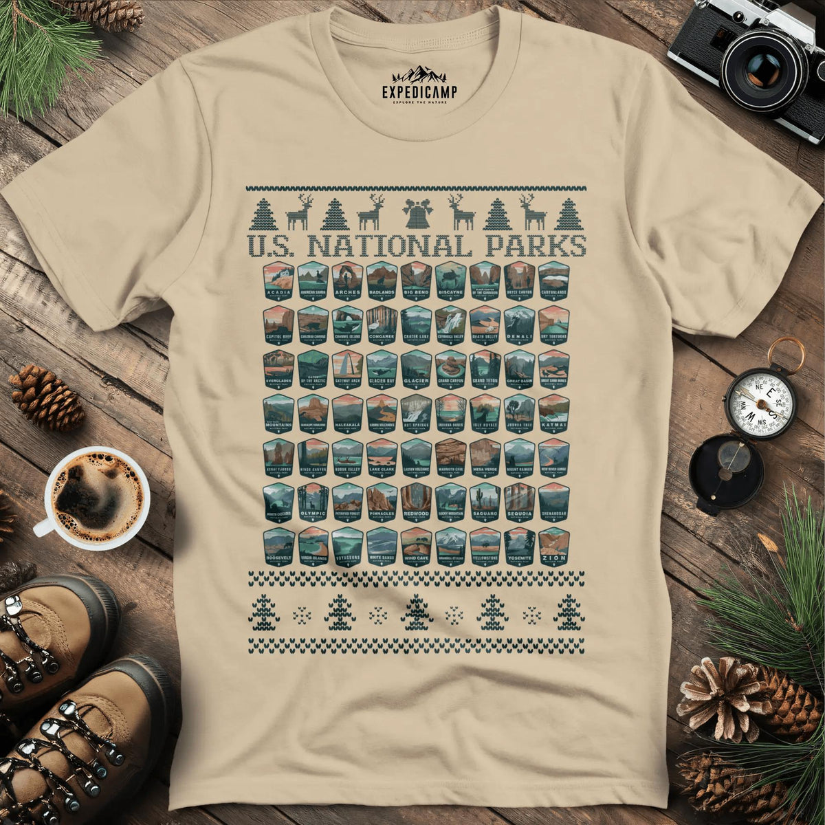 63 National Parks Christmas Ugly Sweater T-Shirt – Sand – Outdoor apparel for travel, hiking, camping, and nature lovers – ExpediCamp