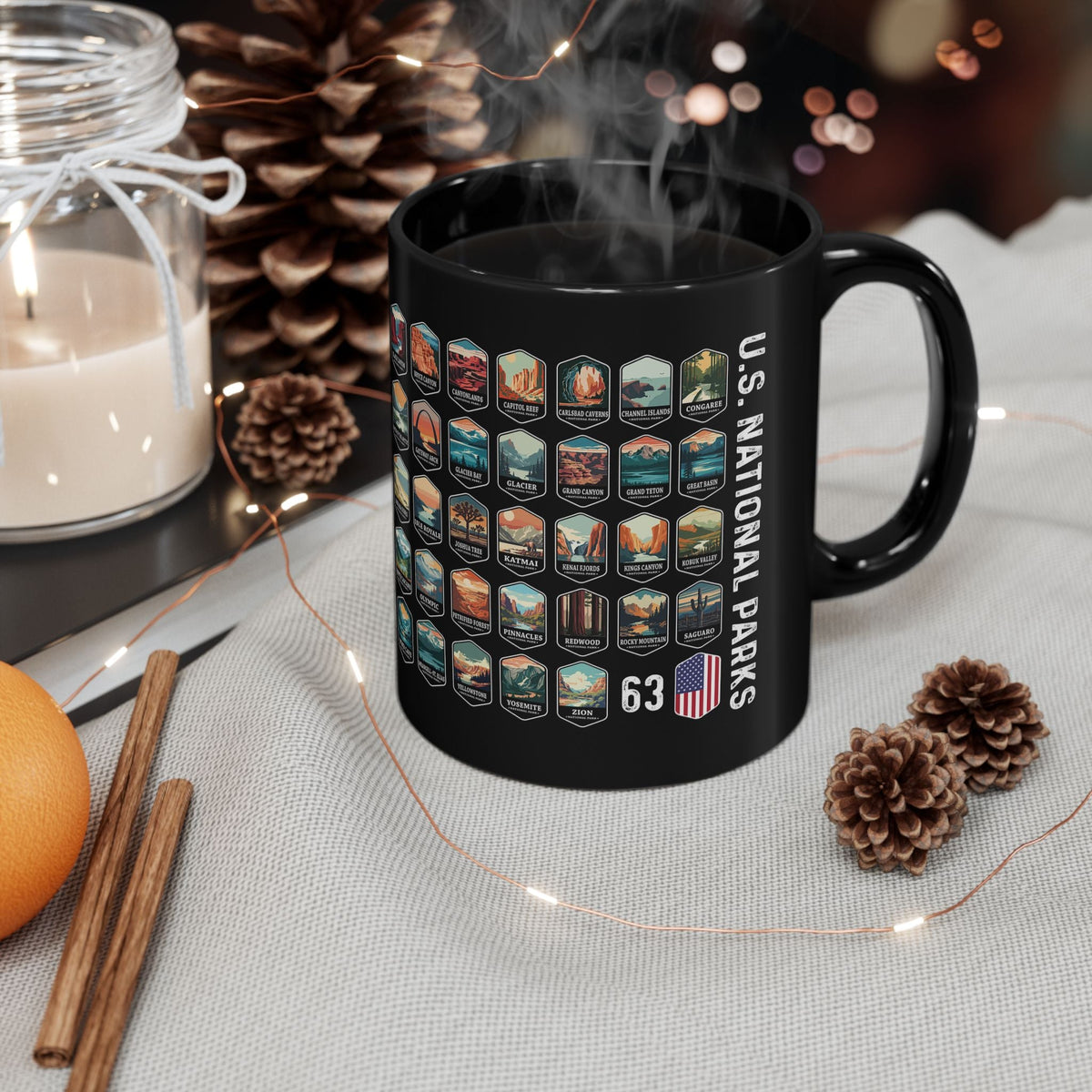 63 National Parks Of The USA Black Mug (11oz, 15oz) – 11oz – Outdoor apparel for travel, hiking, camping, and nature lovers – ExpediCamp