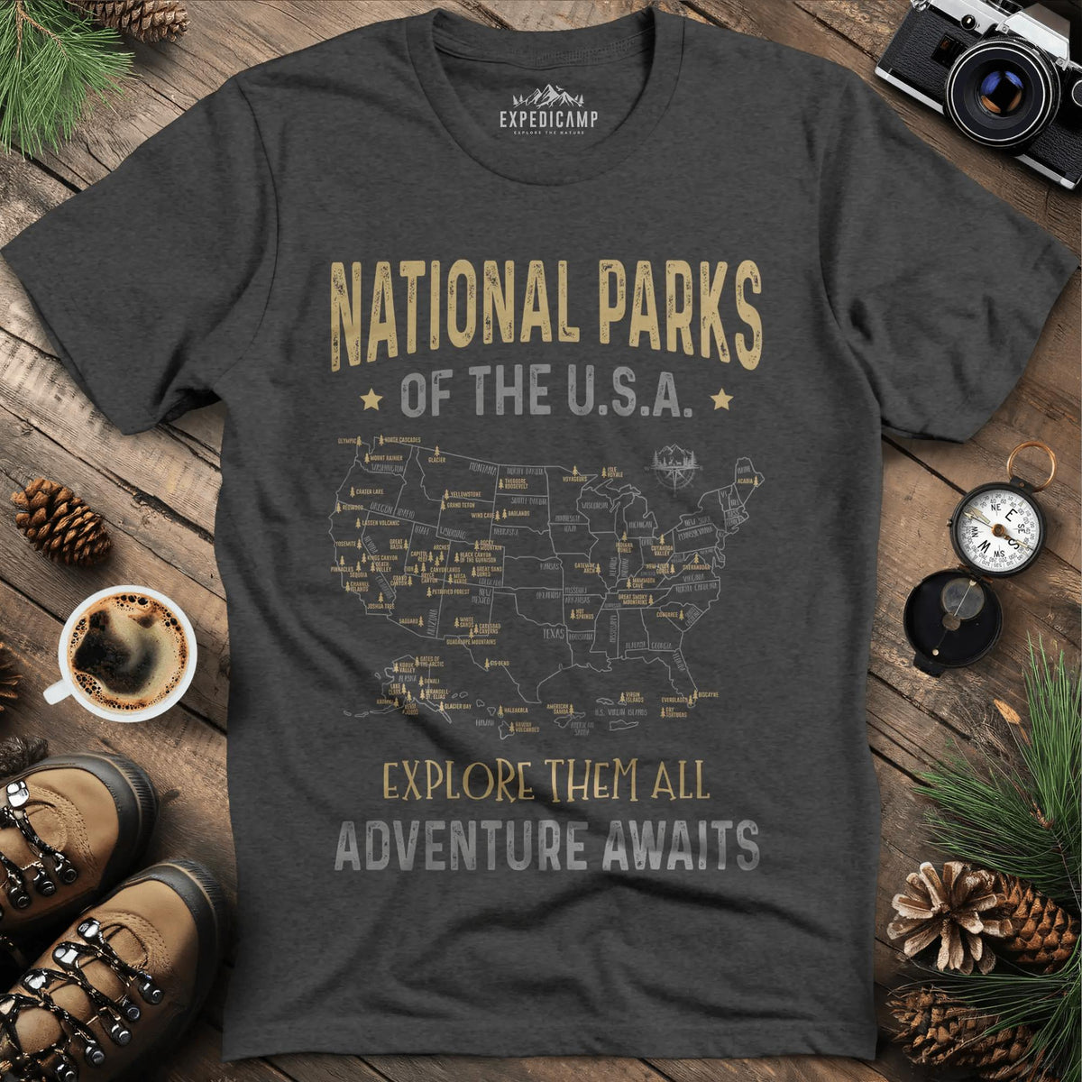 63 National Parks Of The USA Map T-Shirt – Dark Heather – Outdoor apparel for travel, hiking, camping, and nature lovers – ExpediCamp