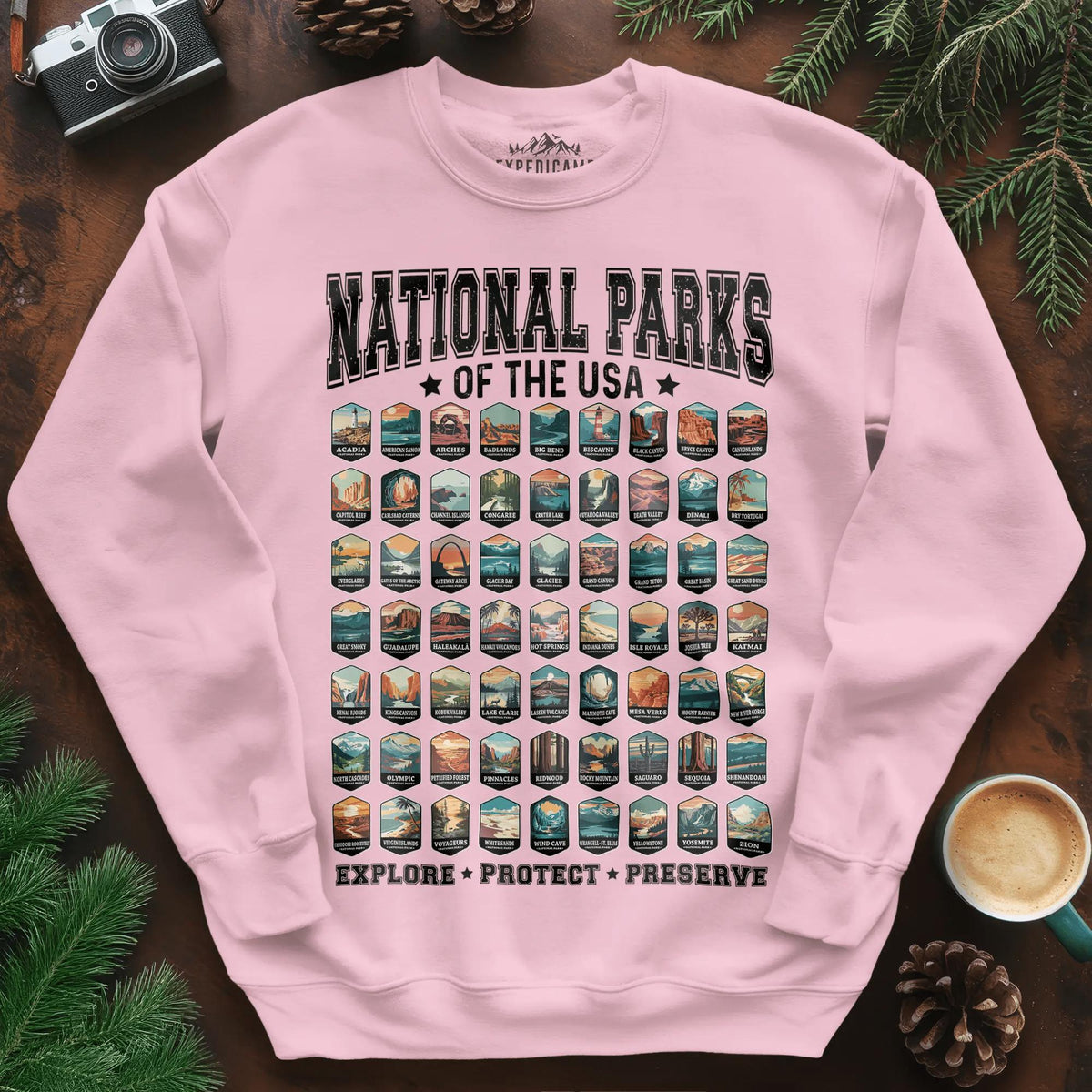 63 National Parks of the USA Sweatshirt | Explore, Protect, Preserve – Light Pink – Outdoor apparel for travel, hiking, camping, and nature lovers – ExpediCamp