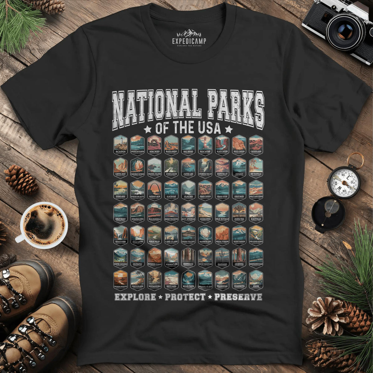 63 National Parks of the USA T-Shirt | Explore, Protect, Preserve – Black – Outdoor apparel for travel, hiking, camping, and nature lovers – ExpediCamp