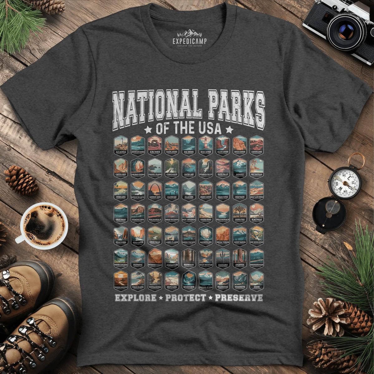 63 National Parks of the USA T-Shirt | Explore, Protect, Preserve – Dark Heather – Outdoor apparel for travel, hiking, camping, and nature lovers – ExpediCamp