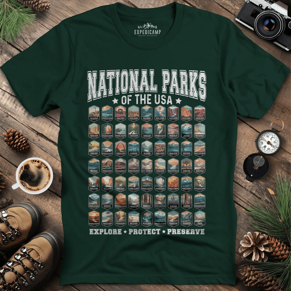 63 National Parks of the USA T-Shirt | Explore, Protect, Preserve – Forest Green – Outdoor apparel for travel, hiking, camping, and nature lovers – ExpediCamp