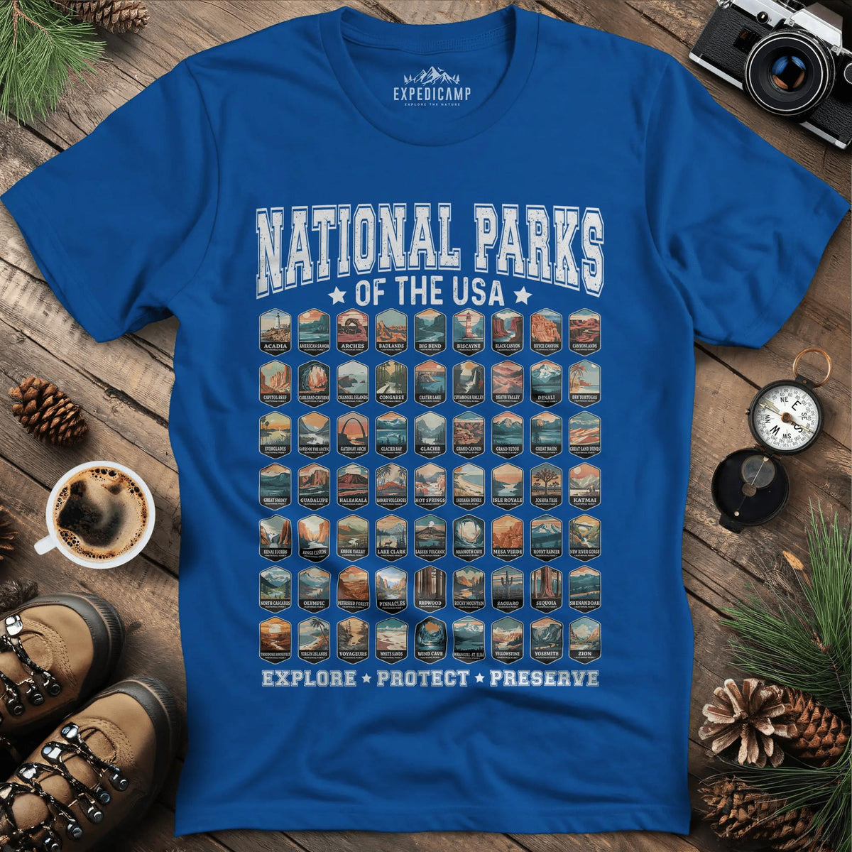63 National Parks of the USA T-Shirt | Explore, Protect, Preserve – Royal – Outdoor apparel for travel, hiking, camping, and nature lovers – ExpediCamp
