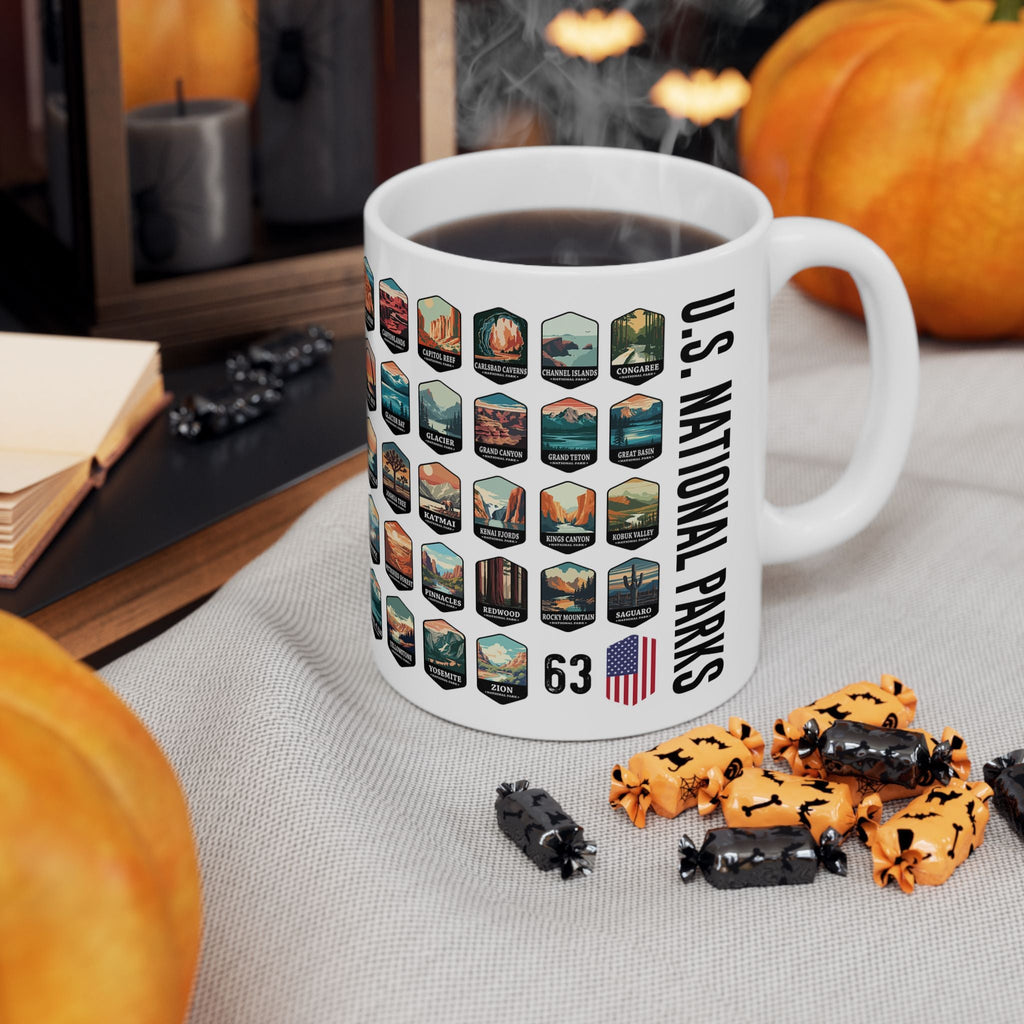 63 National Parks Of The USA White Ceramic Mug (11oz, 15oz) – – Outdoor apparel for travel, hiking, camping, and nature lovers – ExpediCamp