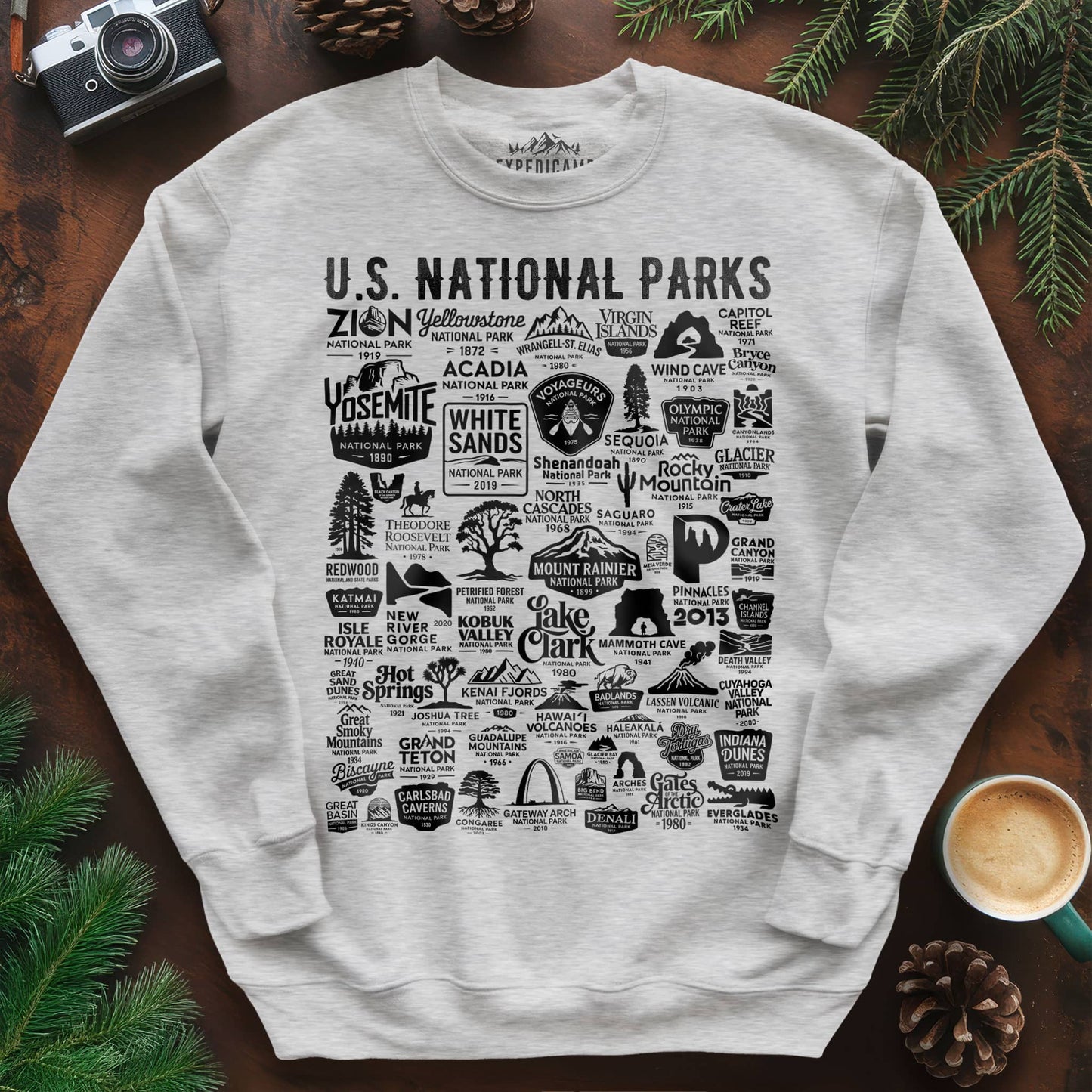63 National Parks Vintage Logo Sweatshirt – Ash – Outdoor apparel for travel, hiking, camping, and nature lovers – ExpediCamp