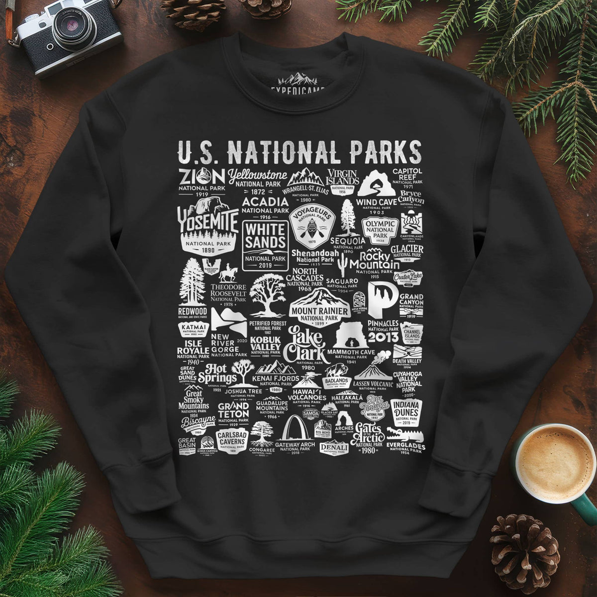 63 National Parks Vintage Logo Sweatshirt – Black – Outdoor apparel for travel, hiking, camping, and nature lovers – ExpediCamp