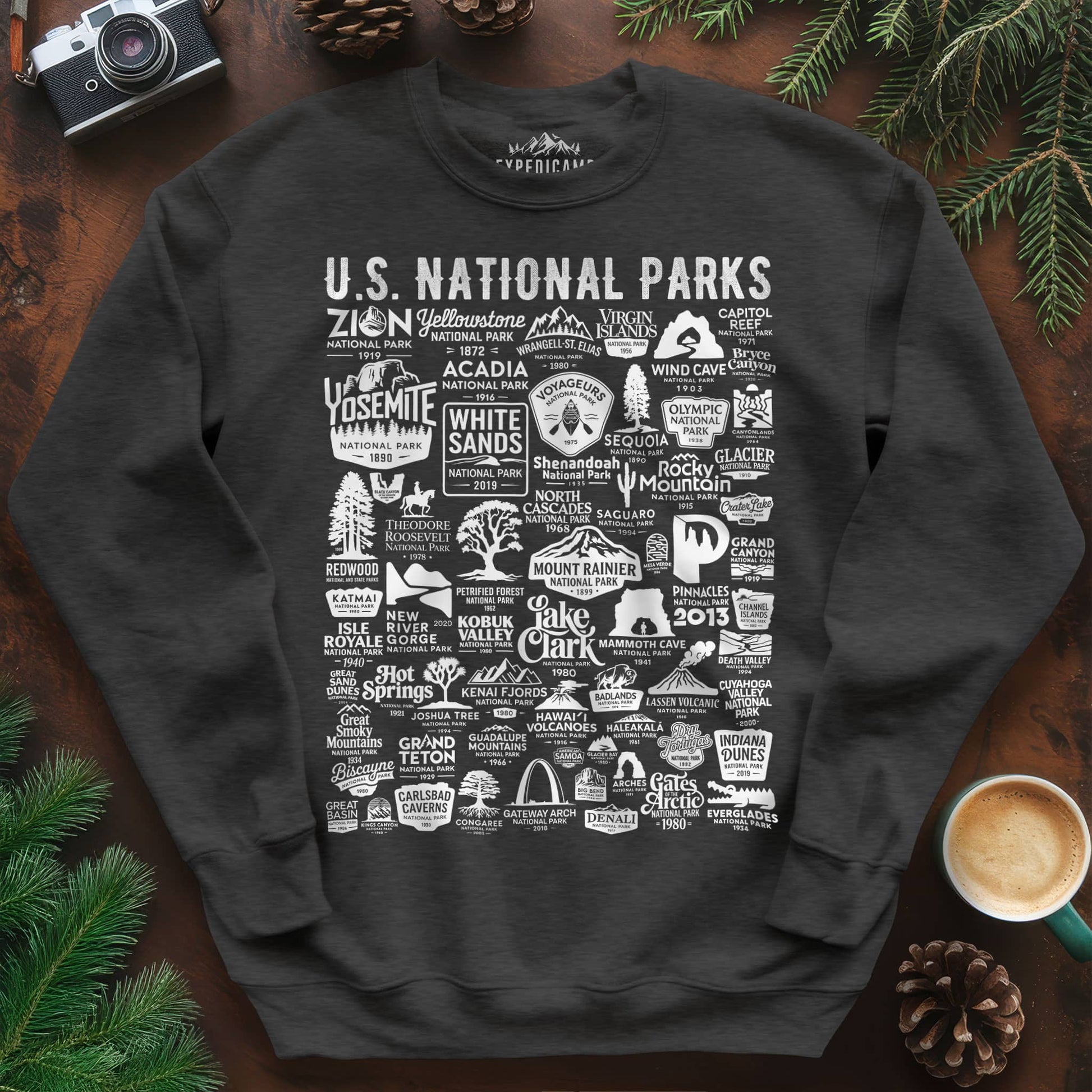 63 National Parks Vintage Logo Sweatshirt – Dark Heather – Outdoor apparel for travel, hiking, camping, and nature lovers – ExpediCamp