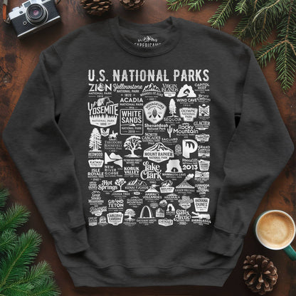 63 National Parks Vintage Logo Sweatshirt – Dark Heather – Outdoor apparel for travel, hiking, camping, and nature lovers – ExpediCamp